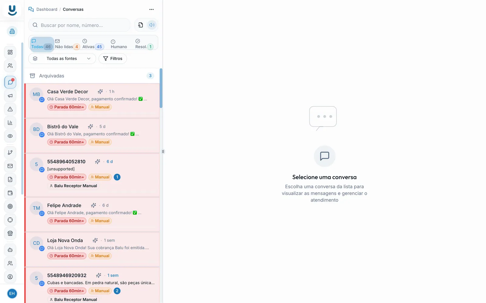 Inbox de conversas do WhatsApp, com filtros e status
