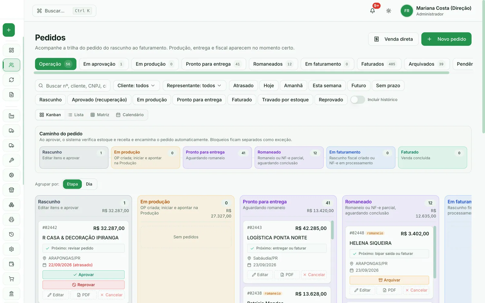 Tela do projeto ERP industrial para a Ramalho Papéis