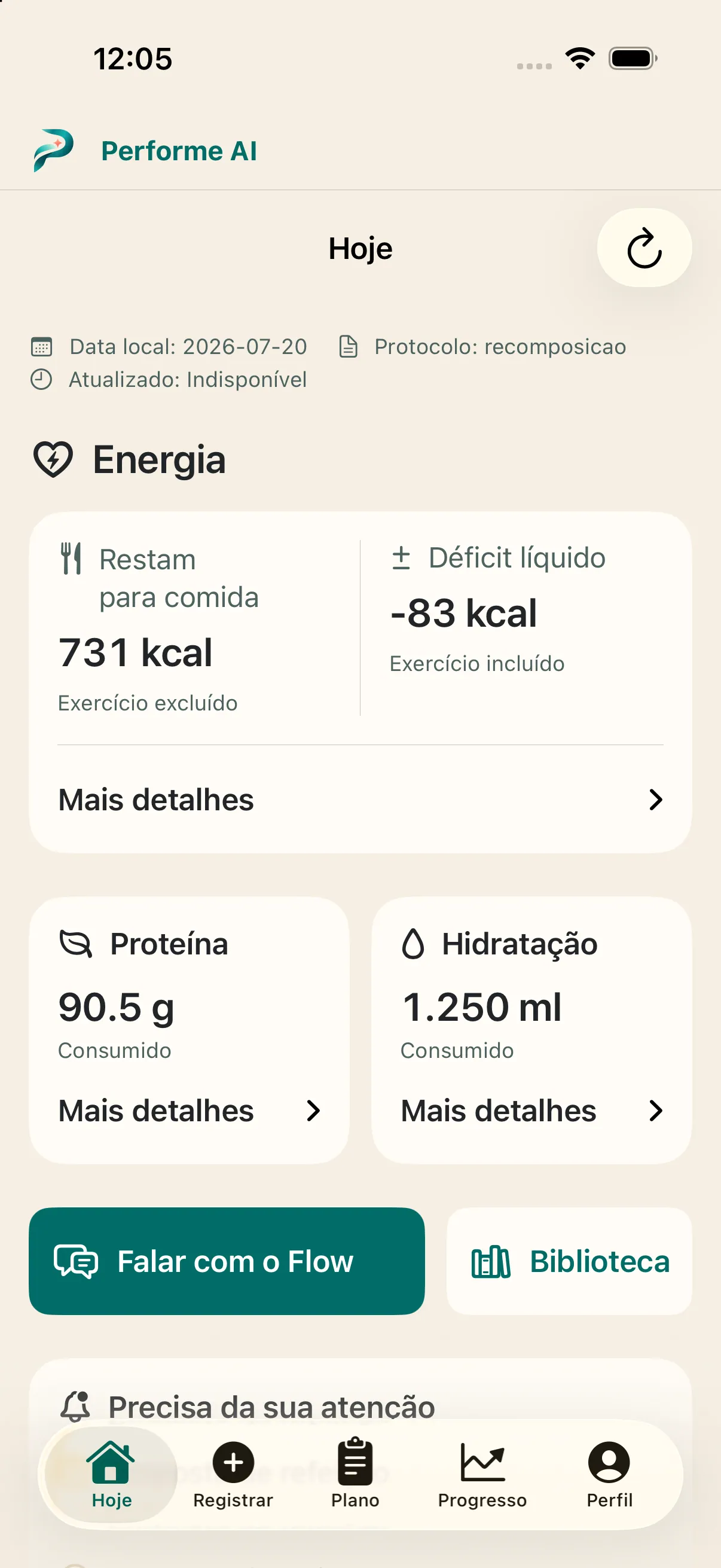 Tela do projeto Performe AI: app iOS e agente de IA nutricional para a CoreHealth