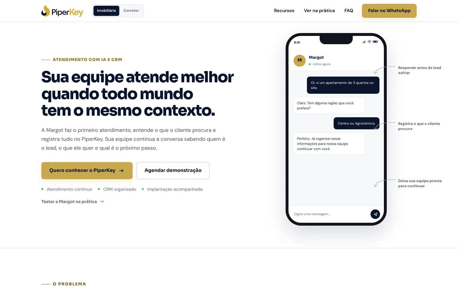 Página do PiperKey Solo com simulação de conversa com a Margot no WhatsApp